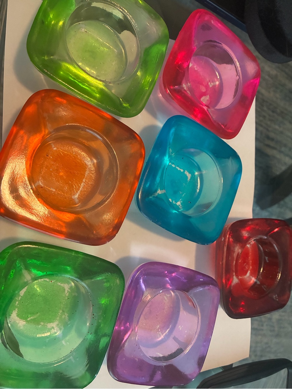 Set of 7 Vintage MCM Colorful Square Glass Votive Holders